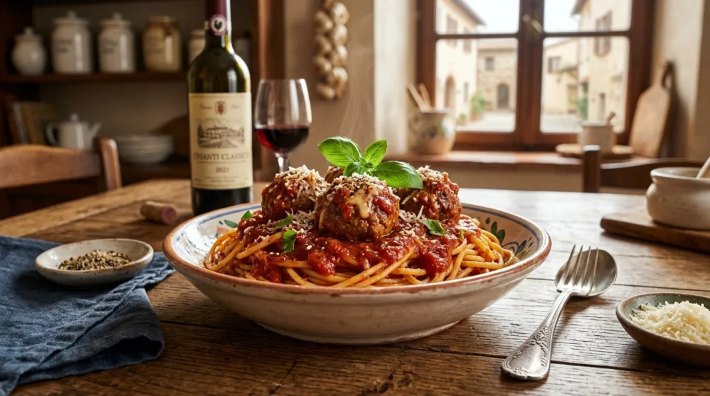 Fresh homemade Spaghetti and Meatballs served with rich tomato sauce, parmesan cheese, and basil in a rustic Italian kitchen.