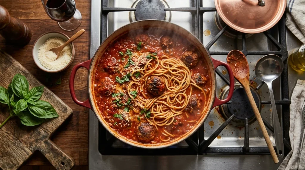 Top-down view of a large pot of Spaghetti and Meatballs simmering slowly in rich tomato sauce on a stovetop.