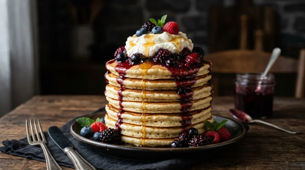 Gourmet pancakes topped with whipped ricotta cheese and warm berry compote.