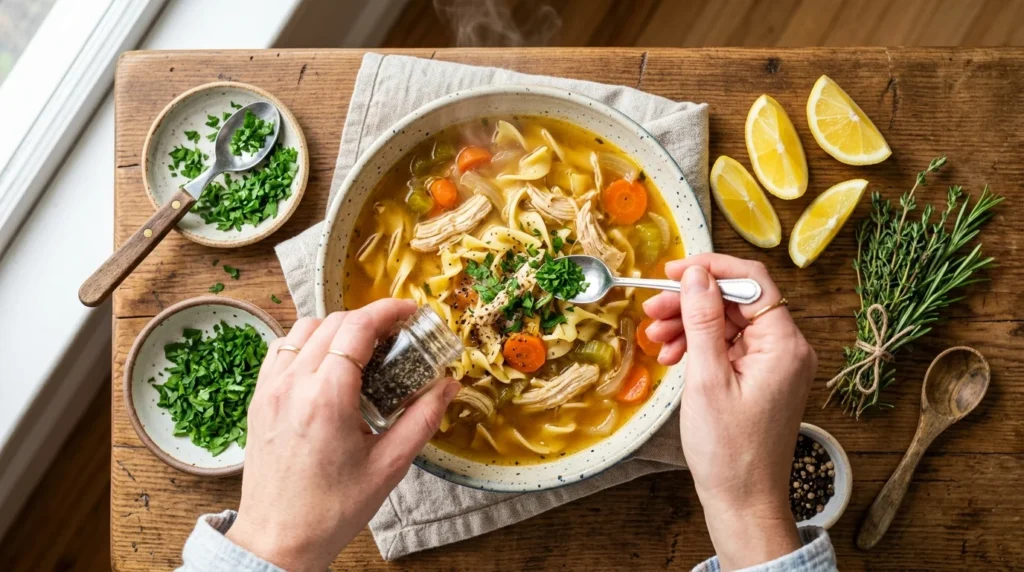 Hands garnishing a bowl of chicken noodle soup with fresh parsley and black pepper before serving.