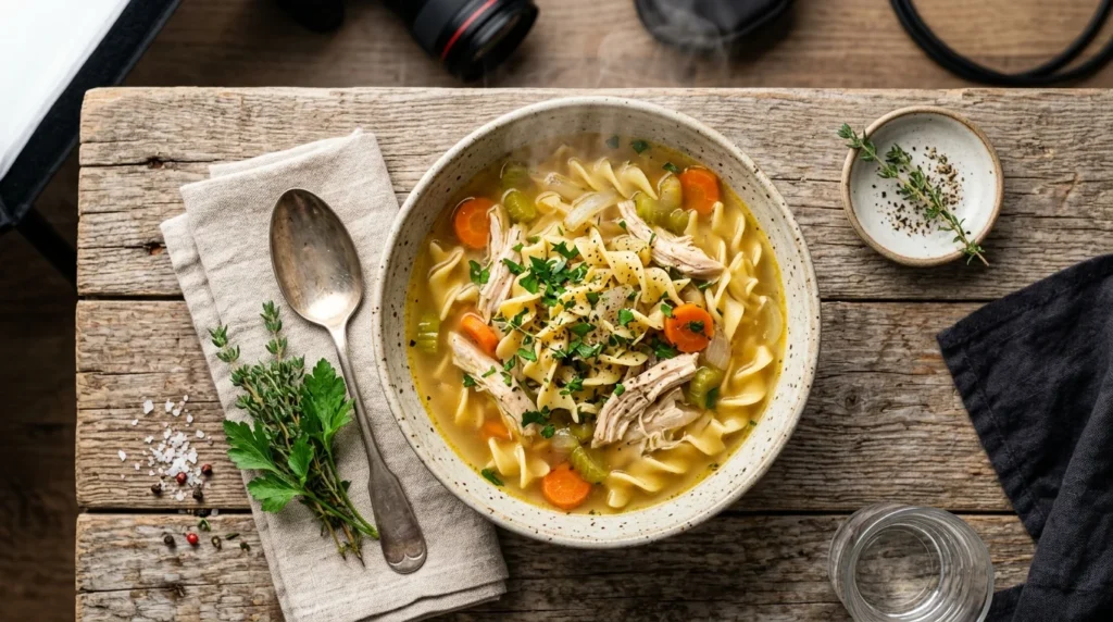 Top-view of fully garnished chicken noodle soup with rich broth, noodles, chicken, and fresh parsley.