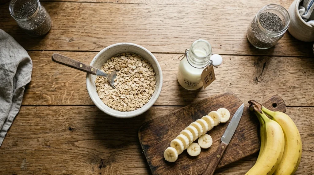 Three simple ingredients used to make Overnight Oats.