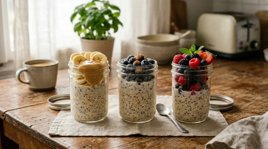 Different Overnight Oats flavor variations with fruit and peanut butter toppings.