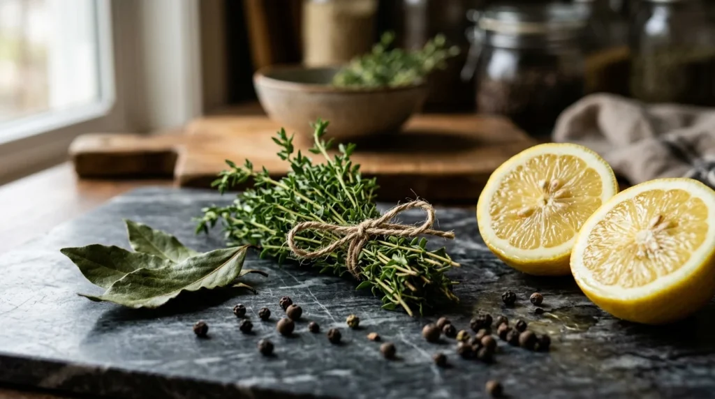 Fresh herbs and lemon juice enhancers for a rich chicken noodle soup broth.