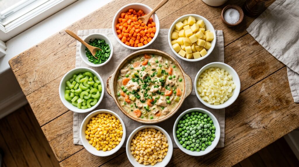 Fresh and frozen vegetables prepared for a flavorful Chicken Pot Pie filling