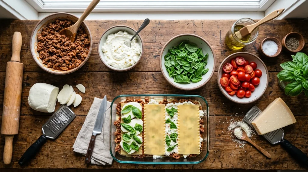 Lasagna Recipe ingredients including fresh mozzarella ricotta and ground beef