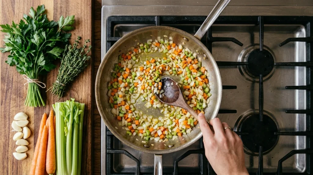 Aromatic vegetables being gently sautéed in a pan to build flavor for homemade chicken noodle soup.