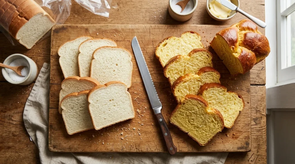 Top view comparing thin bread and thick brioche slices.