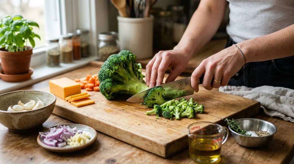 Fresh ingredients being prepared on a cutting board for Broccoli Cheddar Soup.