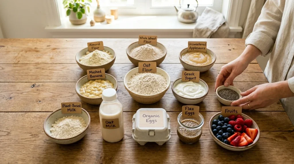 Healthy pancake ingredient substitutions for different dietary needs arranged on a table with a mixing bowl.