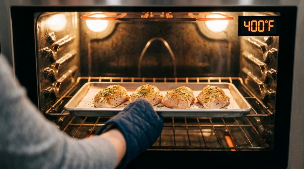 Seasoned chicken baking inside an oven set to 400°F for the ultimate baked chicken breast.