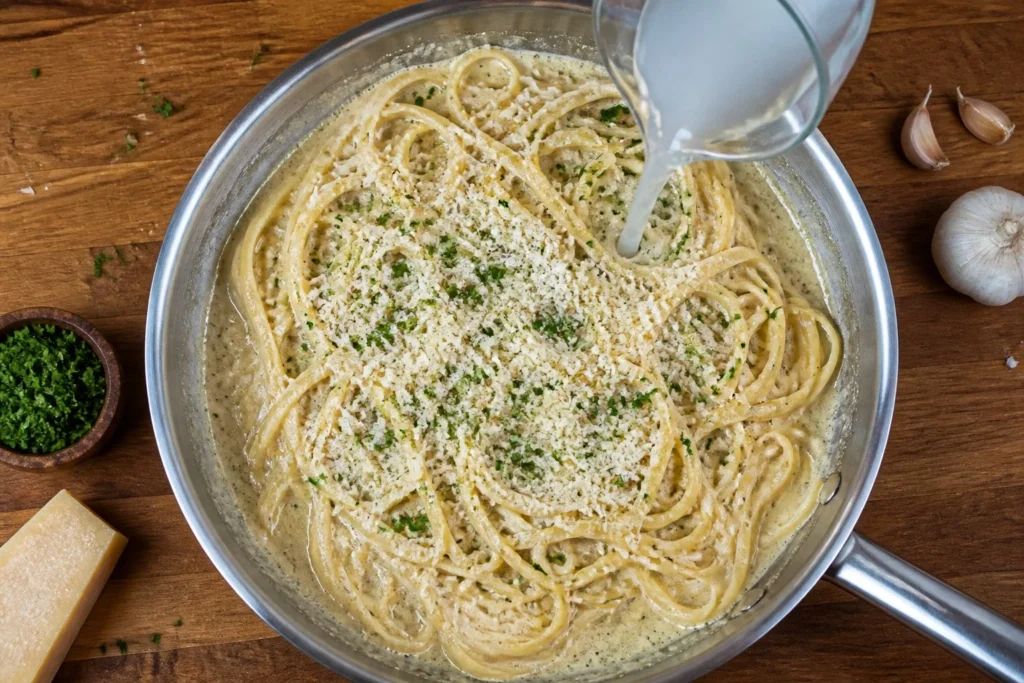 Steaming hot creamy garlic pasta served in a rustic bowl on a wooden table.
