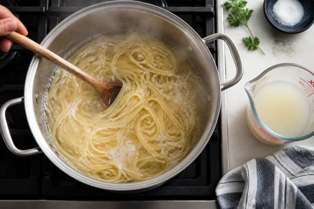 Pasta boiling in salted water with reserved starch water on the side, demonstrating the proper technique for cooking pasta al dente before adding it to a creamy garlic sauce.