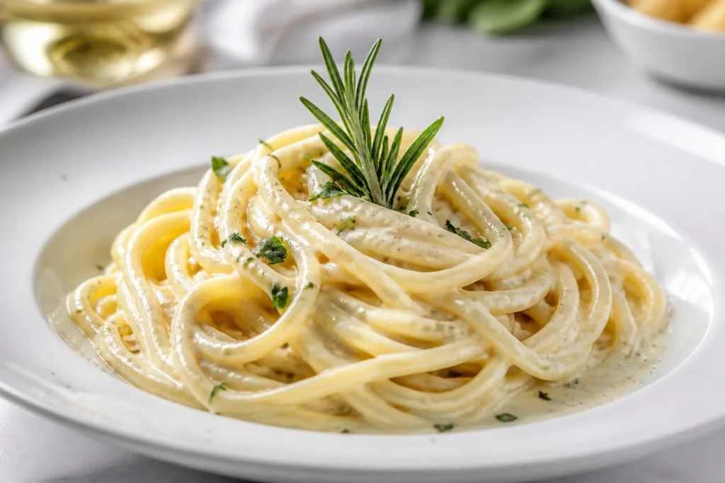 Elegant restaurant-style creamy garlic pasta presented on a white plate.
