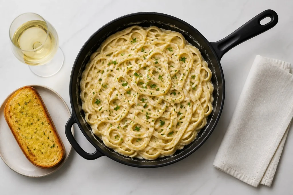 Flat lay view of a skillet filled with freshly made creamy garlic pasta.