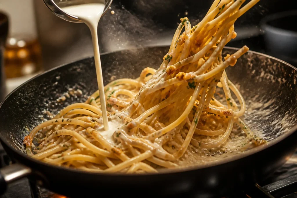 Cooking process showing fresh cream poured into creamy garlic pasta.
