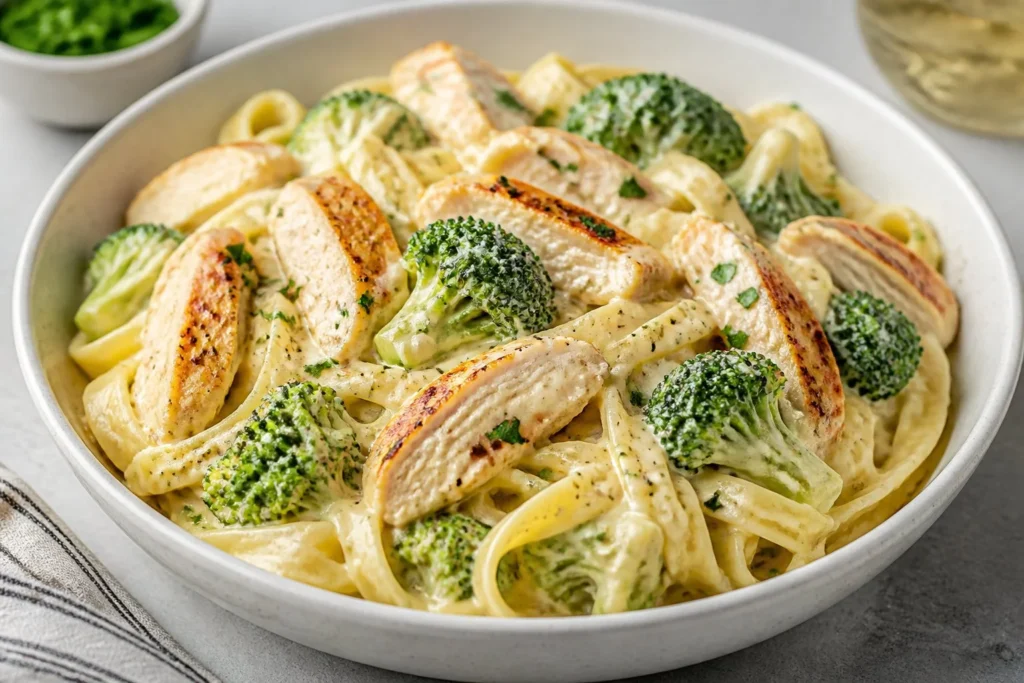 A wholesome bowl of creamy garlic pasta with grilled chicken and broccoli.
