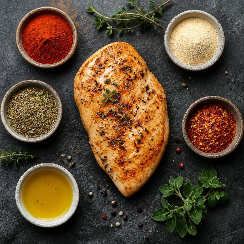 Baked chicken breast with colorful seasoning blends and spices arranged around it.