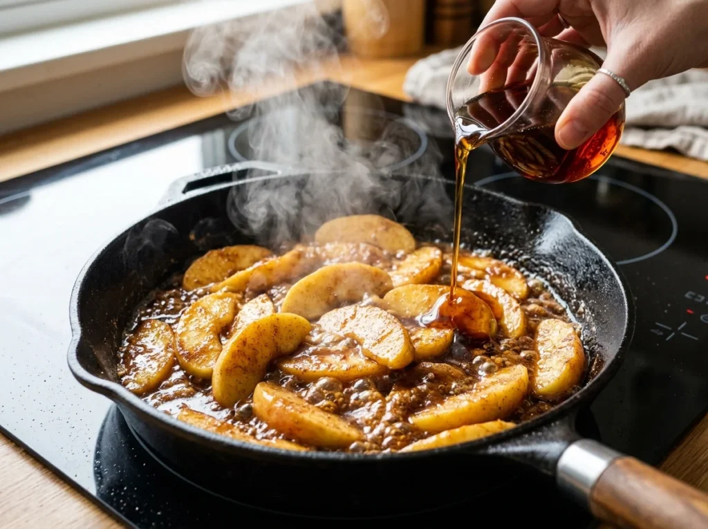 Quick stovetop Apple Desserts cooking with butter, cinnamon, and maple syrup.