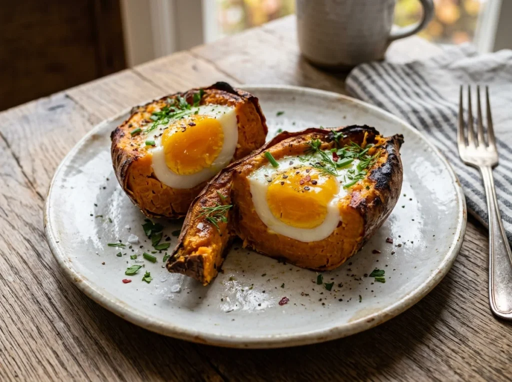 Baked sweet potato boats stuffed with organic fried eggs and melted cheddar cheese.