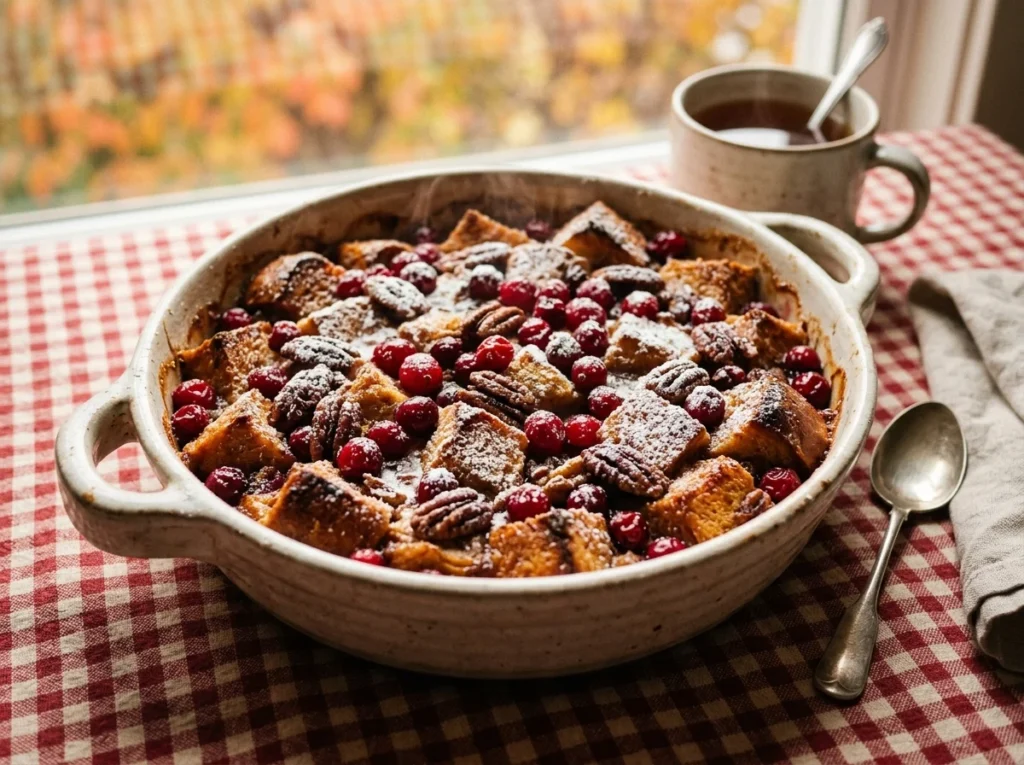 A baked French toast casserole topped with tart red cranberries and crunchy toasted pecans.