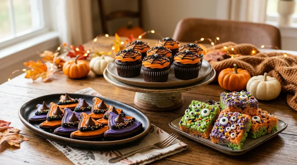 Halloween treats featuring witch hat cookies, monster Rice Krispie treats, and spiderweb cupcakes on a cozy festive dessert table.