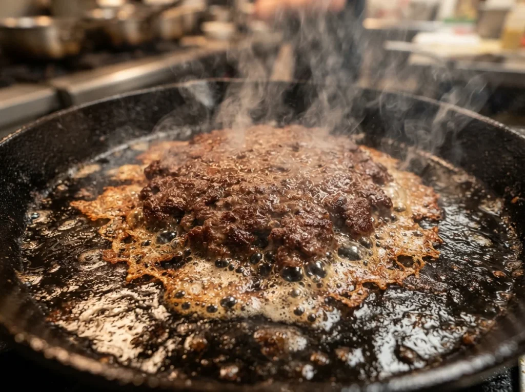 Smash Burger developing crispy lace edges on a hot cast iron skillet.