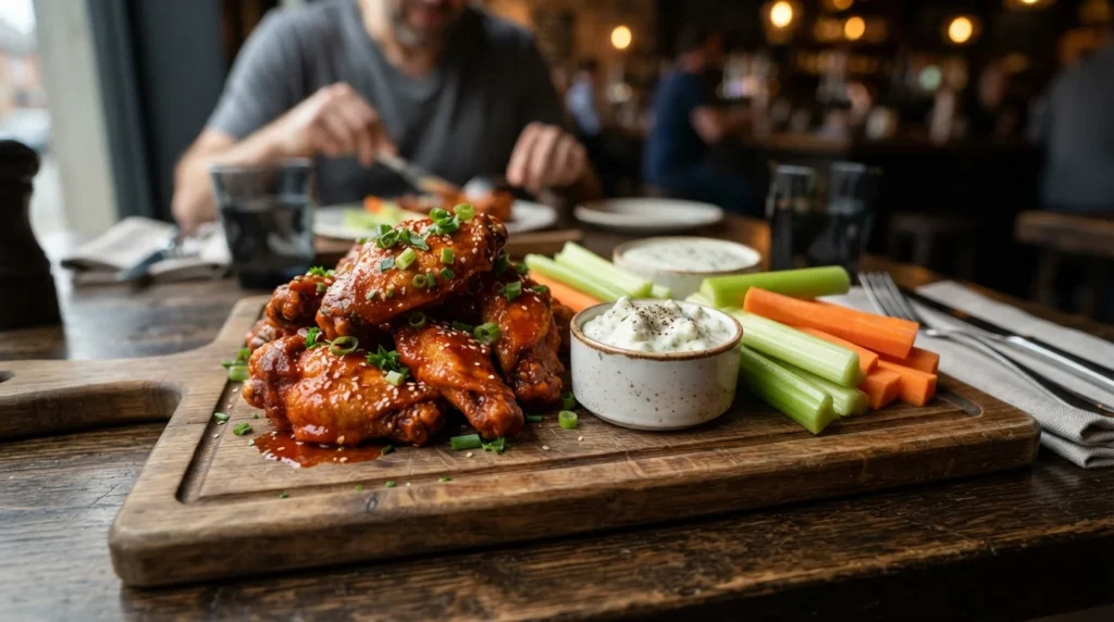Buffalo chicken recipe served with celery, carrots, and blue cheese dip.