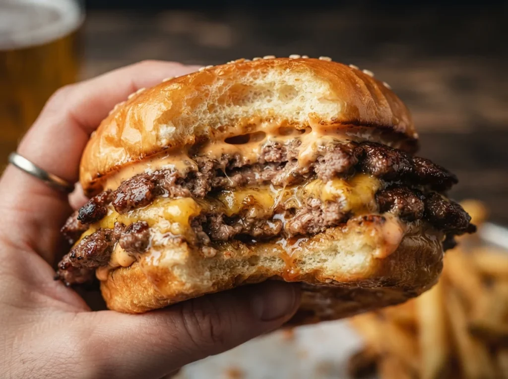 Restaurant-style Smash Burger served with crispy fries and toasted brioche bun.
