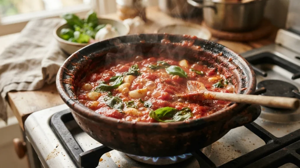 Fresh homemade marinara sauce prepared for a classic chicken parmesan recipe.