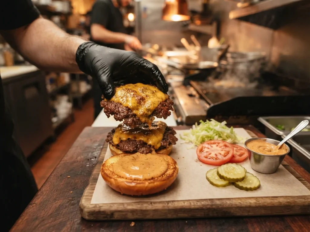 Chef using the proper smash technique to cook a perfect Smash Burger.