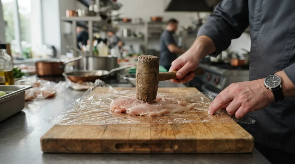 Preparing evenly flattened chicken cutlets for a crispy chicken parmesan recipe.