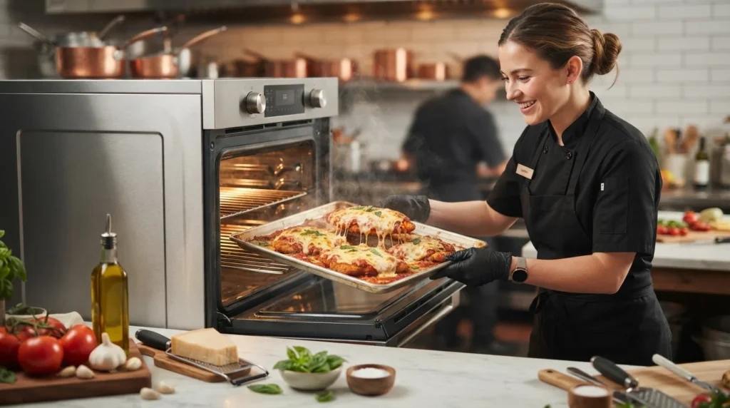 Home chef wearing gloves removing a freshly baked chicken parmesan recipe from the oven.