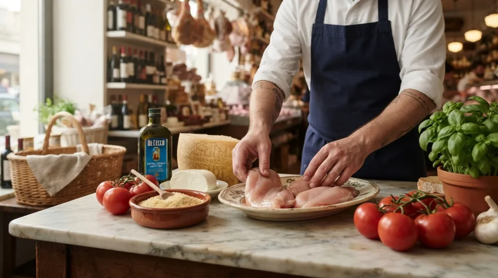 Premium Italian ingredients selected for an authentic chicken parmesan recipe.
