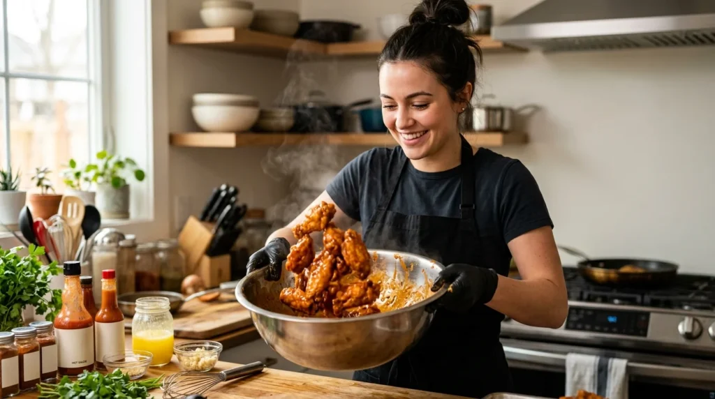 Home chef wearing gloves preparing a delicious buffalo chicken recipe by tossing crispy wings in homemade buffalo sauce.