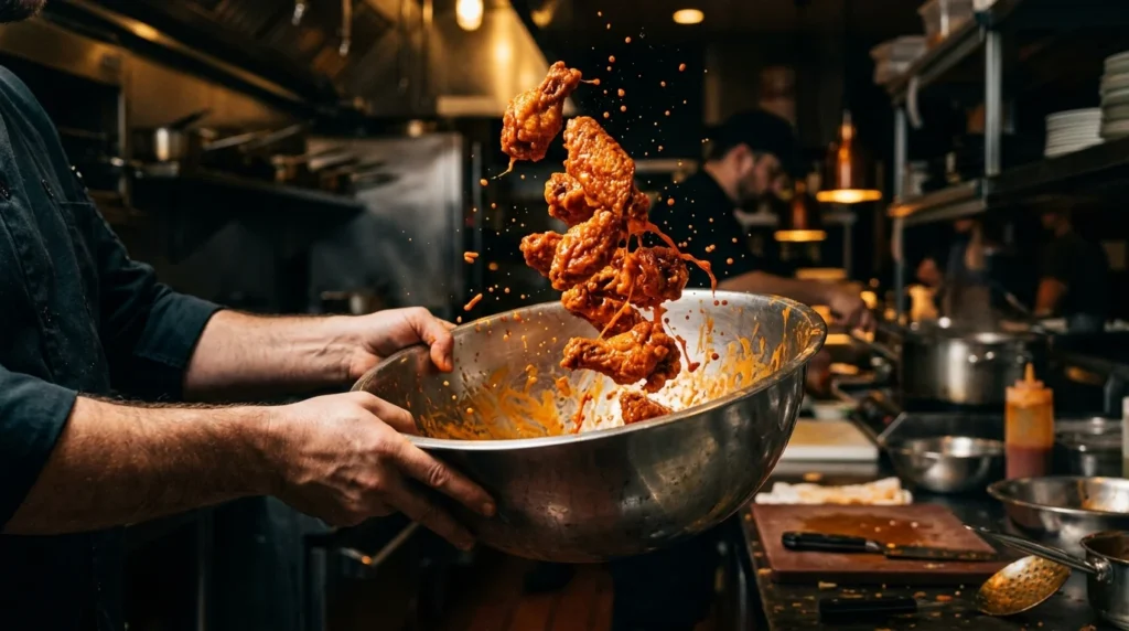 Freshly fried wings tossed evenly in sauce for a buffalo chicken recipe.