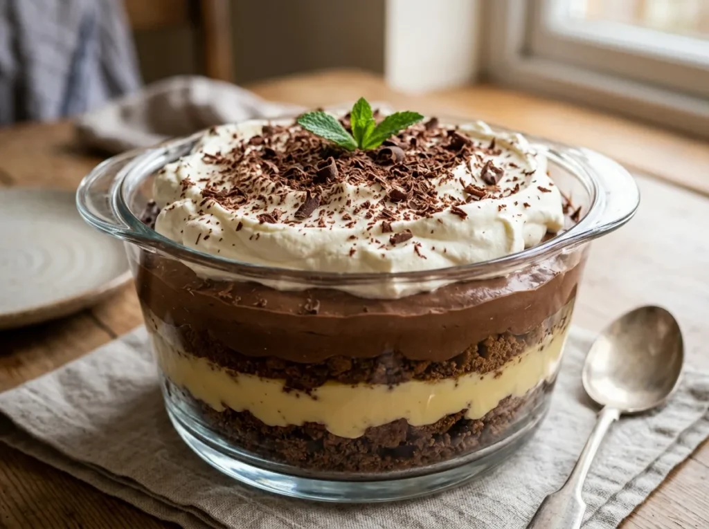 No-bake chocolate trifle recipe layered in a glass bowl for parties