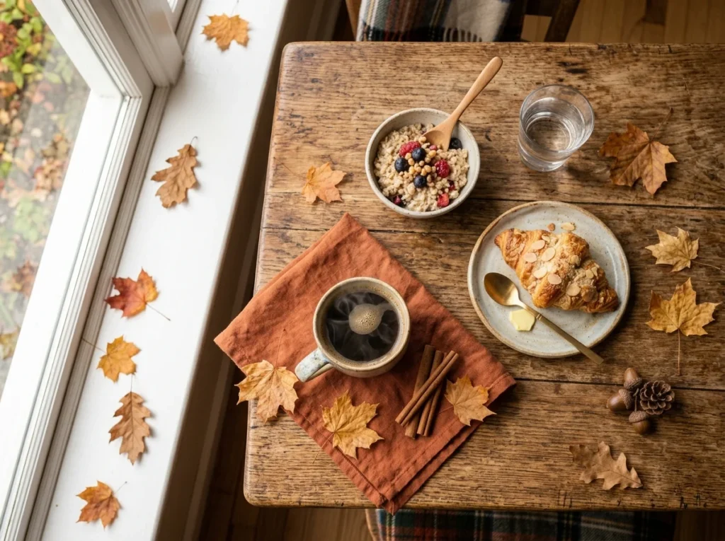 A cozy autumn breakfast setup on a wooden table with warm lighting and fresh morning coffee.