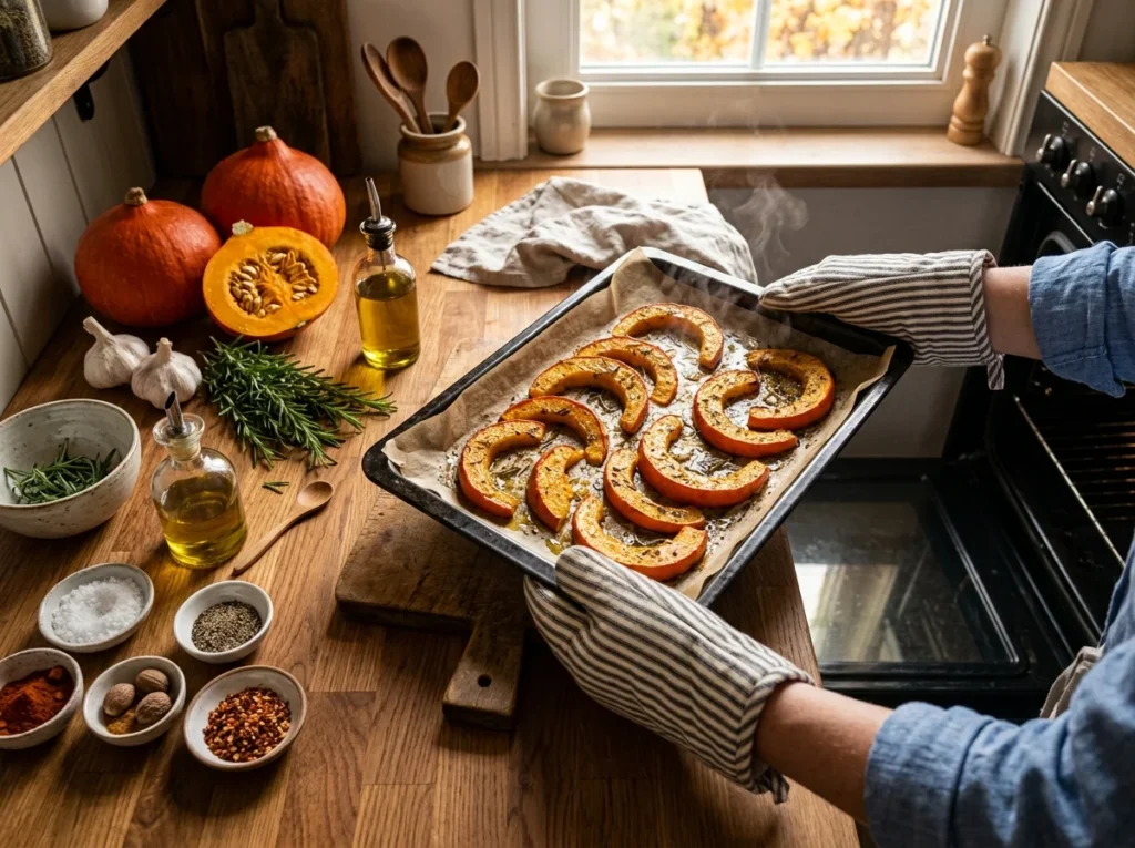 Fresh homemade Pumpkin Recipes begin with roasting sugar pumpkin in a cozy autumn kitchen.