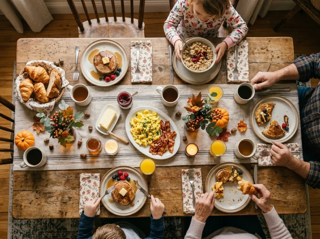 A happy family sharing a warm homemade breakfast around a dining table on a chilly morning.