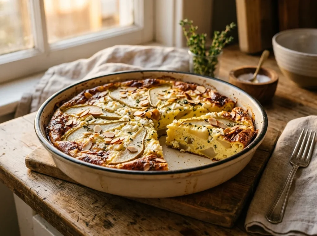A freshly baked golden pear and almond frittata sliced in a baking pan.