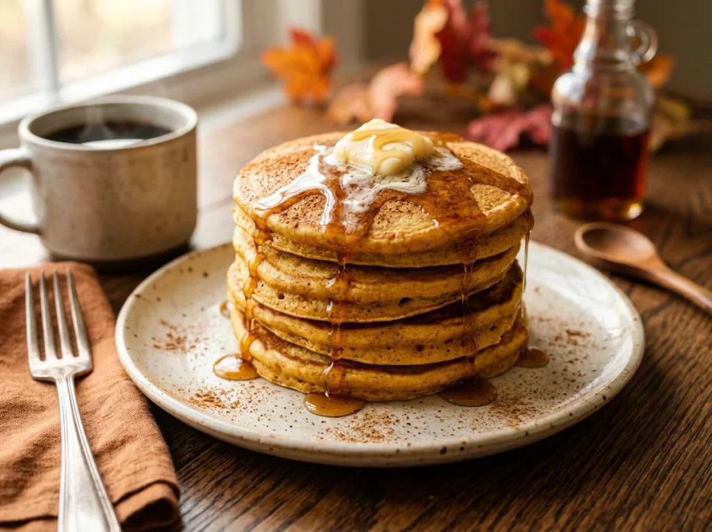 A tall stack of fluffy pumpkin spice pancakes topped with melted butter and dripping maple syrup.