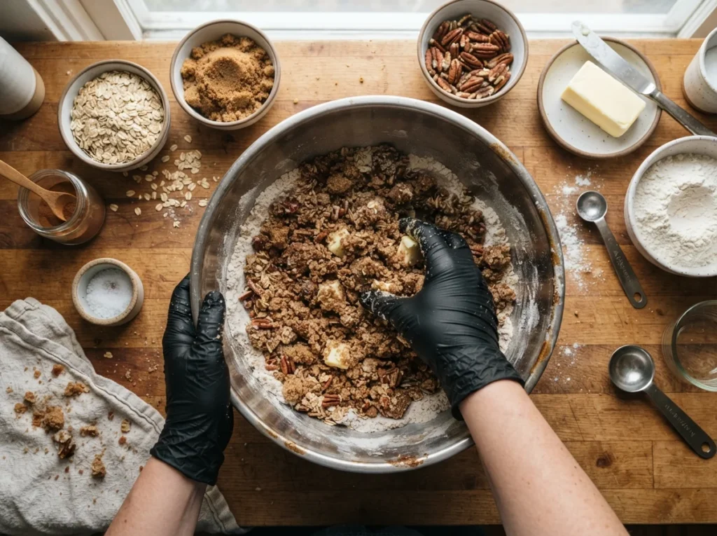 Preparing crispy crumble topping for homemade Apple Desserts.