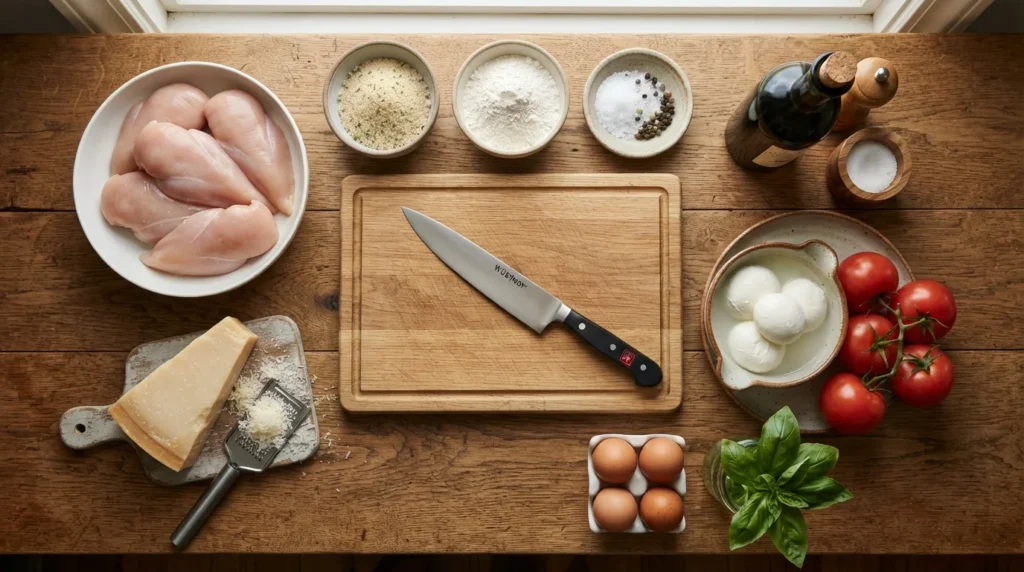 Fresh ingredients prepared for an authentic chicken parmesan recipe before cooking.