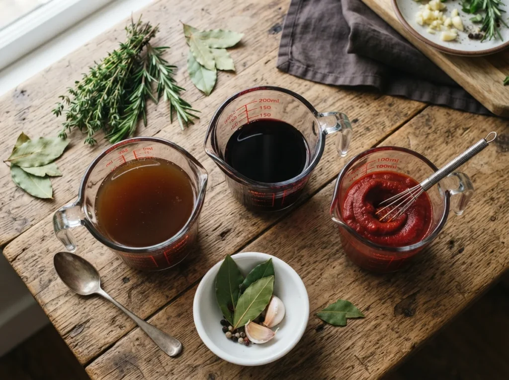 Balanced broth and liquid portions measured for rich slow cooker recipes.