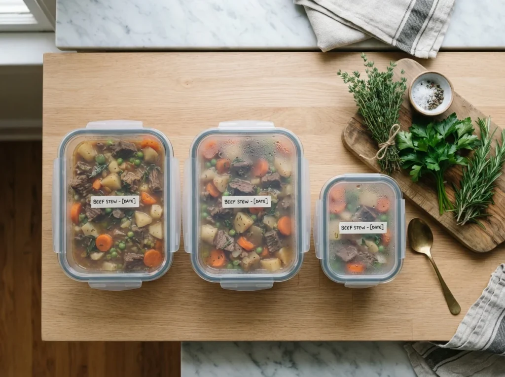 Glass containers storing delicious leftover slow cooker recipes safely in the fridge.