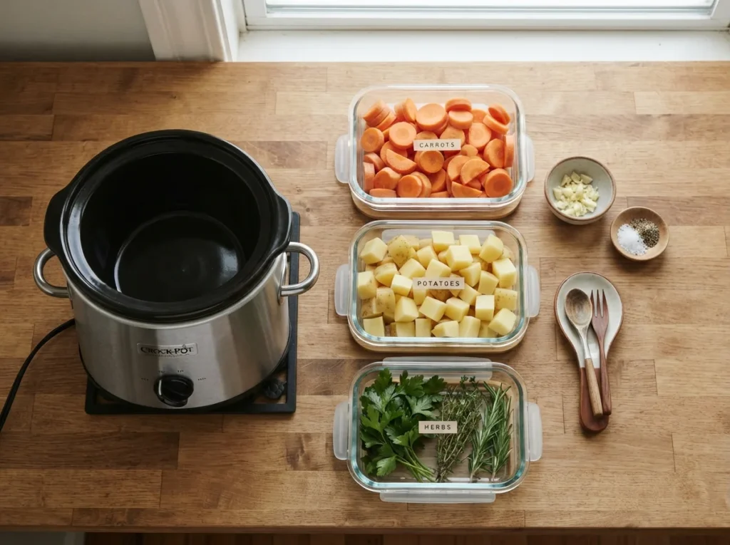 Uniformly chopped root vegetables prepared for flavorful slow cooker recipes.