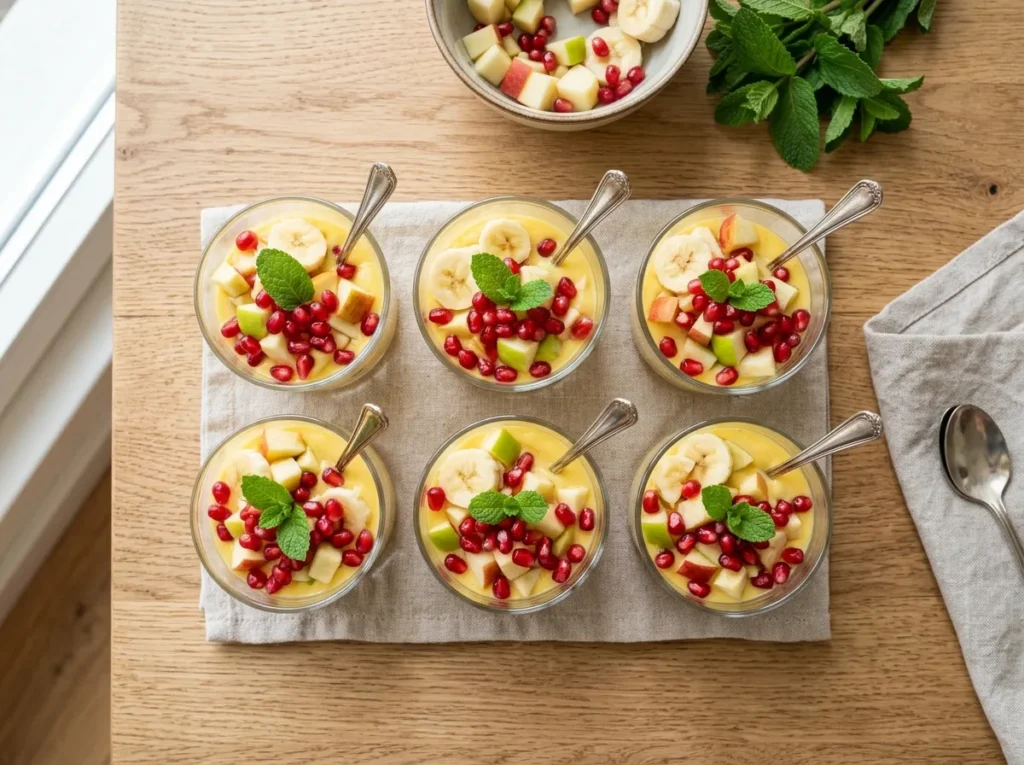 Mini fruit custard dessert cups topped with fresh fruits for a party