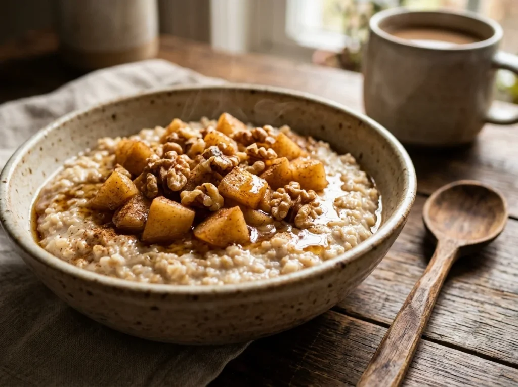 A warm ceramic bowl of cinnamon apple oatmeal topped with toasted walnuts and maple syrup.