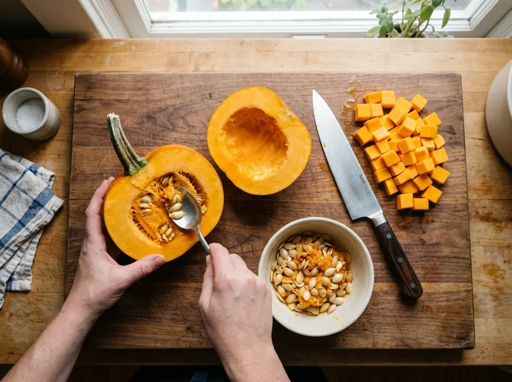 Preparing fresh pumpkin from scratch for homemade Pumpkin Recipes.
